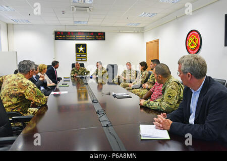 At the center Italian Army Colonel Federico Pognant Airassa, Public Information Officer Land forces Operational Command (COMFOTER),speaks during the meeting media strategies in Caserma Ederle, Vicenza, Italy, May 31, 2016 with delegation of the U.S. Army and Italian Army staff. Italian Army visit U.S. Army, in order to enhance to bilateral relations and to expand levels of cooperation and the capacity of the personnel involved in joint operations. (Photo by Visual Information Specialist Paolo Bovo/Released)