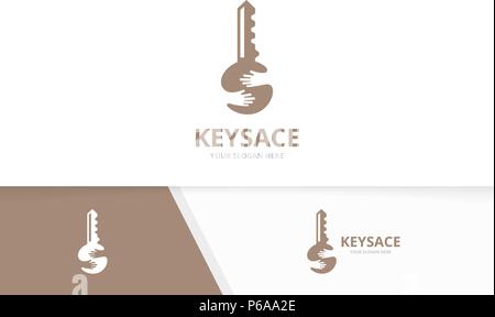 Vector key and hands logo combination. Lock and hug symbol or icon. Unique house and embrace logotype design template. Stock Vector