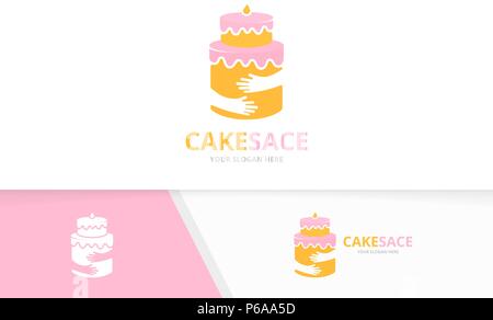Vector cake and hands logo combination. Pie and hug symbol or icon. Unique cupcake and embrace logotype design template. Stock Vector
