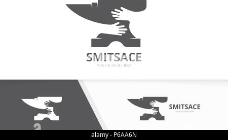 Vector smith and hands logo combination. Blacksmith and hug symbol or icon. Unique metal and embrace logotype design template. Stock Vector