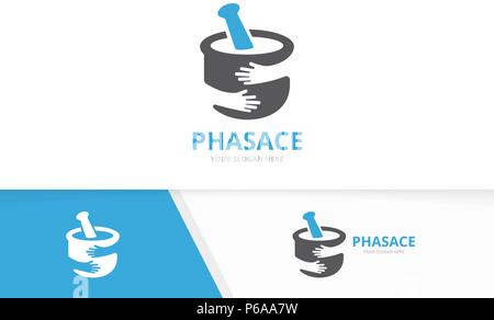 Vector pharmacy and hands logo combination. Pounder and hug symbol or icon. Unique mortar and pestle logotype design template. Stock Vector