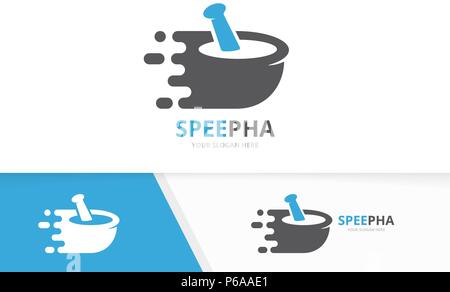 Vector fast pharmacy logo combination. Speed pounder symbol or icon. Unique mortar and pestle logotype design template. Stock Vector