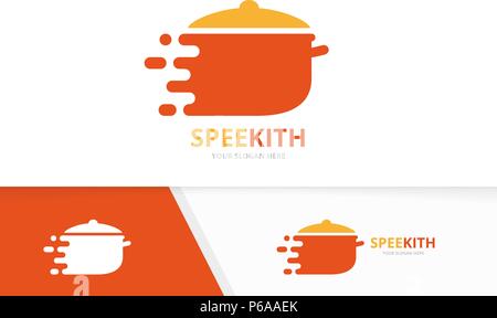 Vector fast pot logo combination. Speed kitchen symbol or icon. Unique pan and quick logotype design template. Stock Vector