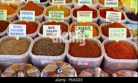 Turkish spices and herbs on a market in Fethiye, Turkey Stock Photo