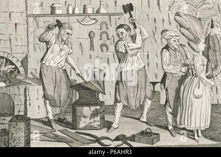 Bath stays or The lady's steel shapes -  'The interior of a blacksmith's smithy. On the anvil is a portion of a pair of stays, at which two smiths strike with hammers, one (left) holding the stays by pincers...' June 4, 1777. Stock Photo