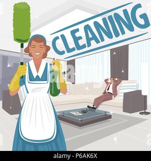 Cleaning woman in big clean room Stock Vector