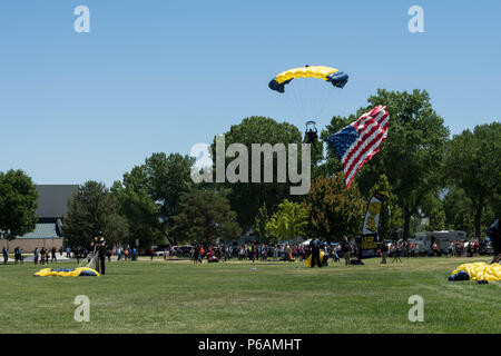 CARSON CITY, Nev. (June 23, 2018) The U.S. Navy Parachute Team, the Leap Frogs, perform a parachute demonstration during Reno/Carson City Navy Week. The Navy Office of Community Outreach uses the Navy Week program to bring Navy Sailors, equipment and displays to approximately 15 American cities each year for a week-long schedule of outreach engagements. (U.S. Navy photo by Mass Communication Specialist 3rd Class Abigayle Lutz/Released) Stock Photo