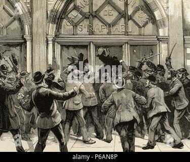 Britain. London. Socialist agitation. Protesters encouraged to theft and looting in shops Picadilly during the meeting of the Socialist leader Burns in Trafalgar Square. February 8, 1886. Engraving. Stock Photo