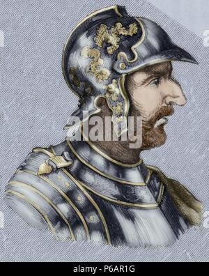 Walia or Valia. King of the Visigoths from 415-419. Portrait. Engraving. Colored. Stock Photo