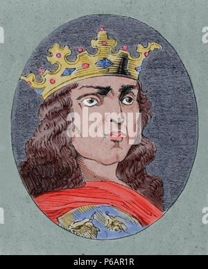 Ferdinand IV of Castile 'El Emplazado' The Summoned (1285-1312). King of Castile (1295-1312) and Leon and Galicia 1301-1312. Engraving. Colored. Stock Photo