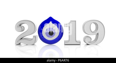 Lucky New Year 2019. Evil turkish eye amulet protection, lucky New Year, 2019, on white background. 3d illustration Stock Photo