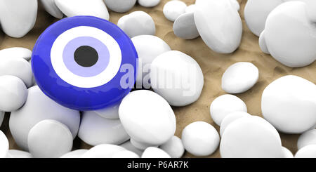 Evil turkish eye amulet, protection from bad luck on white pebbles, sandy beach background. 3d illustration Stock Photo