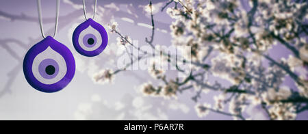 Spring Blooming, evil eye, Turkish tradition. Good luck charms and almond or cherry tree blooming, banner. 3d illustration Stock Photo