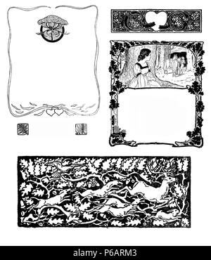 Typographic decorative art deco elements early '900:  stylized  floral frames and borders with romantic figures, hearts, wildlife and hunt as chapter decorations, vignettes and templates Stock Photo