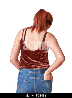 Portrait back of woman with blue jeans isolated on white background Stock Photo