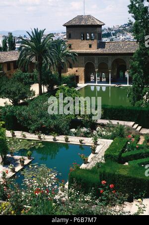 Spain. Granada. The Alhambra. Tower of the Ladies and Partal gardens. 14th century. Stock Photo