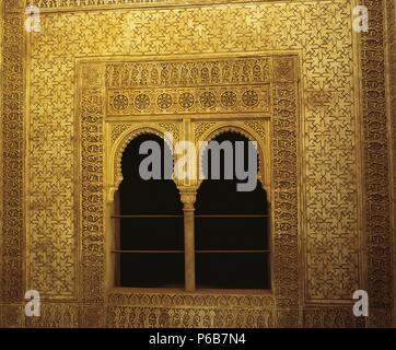 Spain. Granada. The Alhambra. The Infant's Tower. 14th-15th centuries. Detail of the twin windows of the courtyard upstairs. Stock Photo