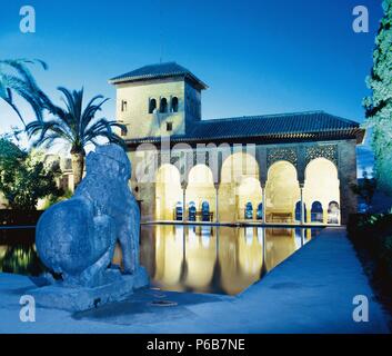 Spain. Granada. The Alhambra. Tower of the Ladies. 14th century. Night view. Stock Photo
