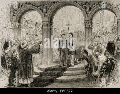 Ismail Pasha (1830-1895). Khedive of Egypt and Sudan. Cairo. The ex-Khedive of Egypt, Ismail Pasha, leaving the Ardine Palace, June 30, 1879. Engraving by Canedi. The Spanish and American Illustration, 1879. Stock Photo