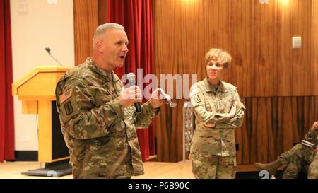 HONOLULU, Hawaii (June 21, 2018) -- Regional Health Command-Pacific Commanding General, Brig. Gen. Dennis LeMaster (left), addresses Army medical staff during a town hall, alongside The Army Surgeon General and U.S. Army Medical Command (MEDCOM) Commanding General, Lt. Gen. Nadja West (right), at the Tripler Army Medical Center Kaiser Auditorium. During the forum, leaders highlighted Army Medicine’s commitment to delivering safe, high-reliability care for patients and focus on ensuring medical readiness in support of the warfighter. Stock Photo