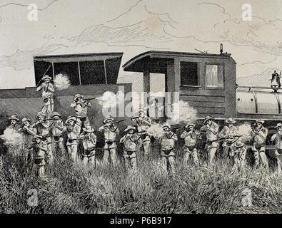 Cuban War of Independence (1895-1898). Three liberation wars that Cuba fought against Spain. The final three months of the complict escalated to become the Spanish-American War. Defending a train attacked by rebels.1898. Engraving. Stock Photo