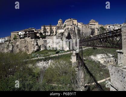 Spain. Cuenca. Panorama of the old city with Hanging Houses in the Huecar Gorge. First, the Bridge of Saint Paul. Stock Photo