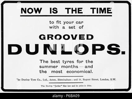 Early 20th century old vintage original antique advert advertising Dunlop Grooved Tyres of Aston Birmingham England UK in English magazine circa 1910 Stock Photo