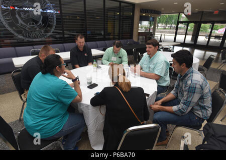 Hydropower Acquisition Course is a training program conducted by the United States Army Corps of Engineers focused on hydropower project acquisition and management. Participants evaluate scenarios and propose solutions during a culminating exercise on June 22, 2018 in Nashville, Tennessee at Tennessee State University. The archival image records structured engineering training activities. Stock Photo