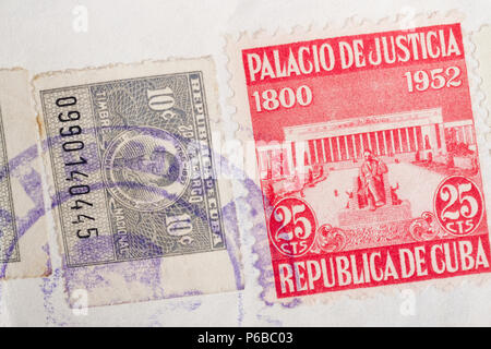 Antique cuban stamps with postmarks. Vintage historic philately. Postal. Hobby Stock Photo