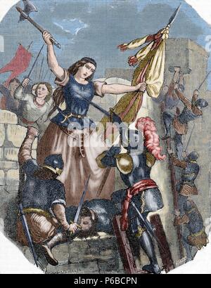 Jeanne Hachette (b.1456). French heroine. Jeanne Hachette during the Beauvais site, June 27, 1472. Engraving by Pothey. Popular Universal Library Editions, 1851. Colored.