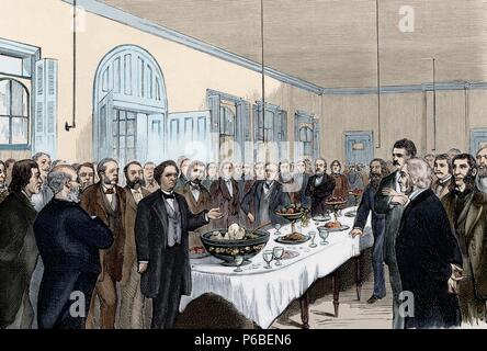 Samuel Hahnemann (1755-1843). German physician, founder of homeopathy. New York. 50th Anniversary of the introduction of homeopathy. Commemorative banquet in the Hospital of Ward's Island. Engraving by Capuz. The Spanish and American Illustration, 1875.  Colored. Stock Photo