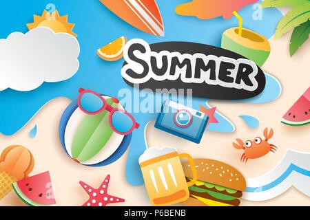 Hello summer with paper cut symbol icon for vacation beach background ...