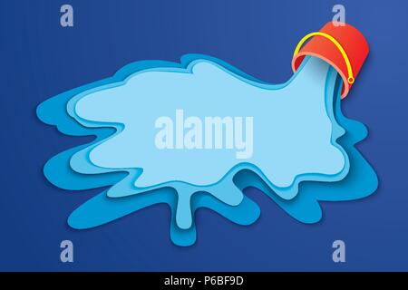 Bucket and water for summer. Vacation concept with space for text on blue sea background. Design paper art style. Stock Vector