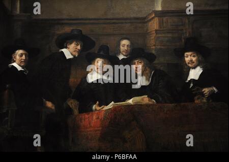 Rembrandt Harmenszoon van Rijn (1606-1669). Dutch painter. The Wardens of the Amsterdam Drapers Guild, known as The Syndics, 1662. Rijksmuseum. Amsterdam. Holland. Stock Photo