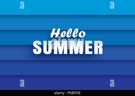 Hello summer white text on abstract blue wave background. Stock Vector