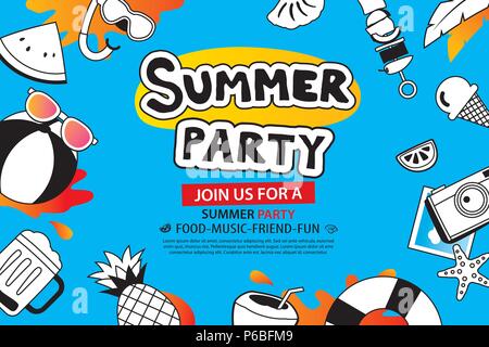 Summer party with doodle icon and design on blue background. Invitation poster in hand drawn style. Use for labels, card, tag, stickers, badges, flyer Stock Vector