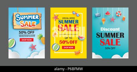 Summer sale banner templates. Paper art and craft style. Vector illustrations for email, newsletter, website, mobile ads, discount, coupon,poster. Stock Vector