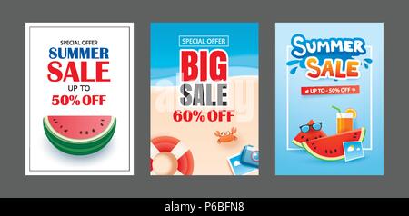 Summer sale banner templates. Paper art and craft style. Vector illustrations for email, newsletter, website, mobile ads, discount, coupon,poster. Stock Vector