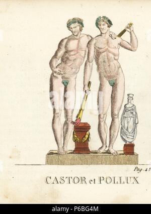 Castor and Pollux, Greek and Roman twin gods or Dioskouri, shown with torches, garlands and figleaves. Handcoloured copperplate engraving engraved by Jacques Louis Constant Lacerf after illustrations by Leonard Defraine from 'La Mythologie en Estampes' (Mythology in Prints, or Figures of Fabled Gods), Chez P. Blanchard, Paris, c.1820. Stock Photo