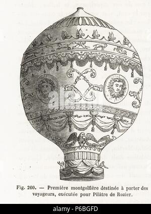 First Mongolfier balloon destined to carry passengers, made for Pilatre de Rozier, 1783. Woodblock engraving from Louis Figuier's 'Les Merveilles de la Science: Aerostats' (Marvels of Science: Air Balloons), Furne, Jouvet et Cie, Paris, 1868. Stock Photo