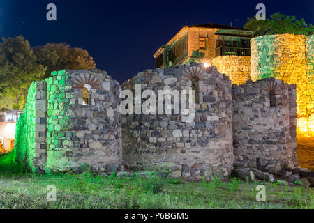 Night photo of reconstructed gate part of Sozopol ancient fortifications, Bulgaria Stock Photo