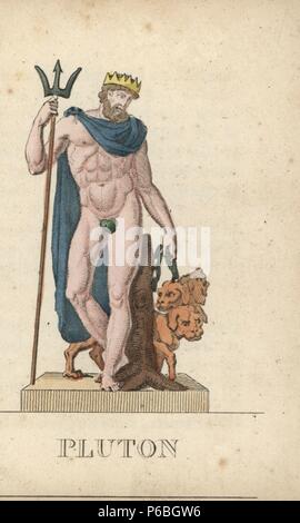 Pluto, Roman god of the dead and ruler of the underworld, with crown, trident, figleaf and hellhound Cerberus. Handcoloured copperplate engraving engraved by Jacques Louis Constant Lacerf after illustrations by Leonard Defraine from 'La Mythologie en Estampes' (Mythology in Prints, or Figures of Fabled Gods), Chez P. Blanchard, Paris, c.1820. Stock Photo