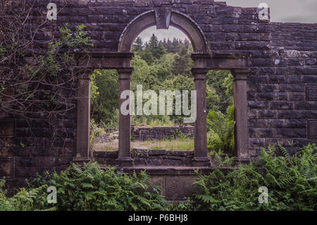 The ruins of Errwood Hall at Goyt valley within the Peak District National park. Stock Photo