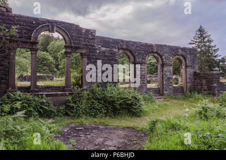 The ruins of Errwood Hall at Goyt valley within the Peak District National park. Stock Photo