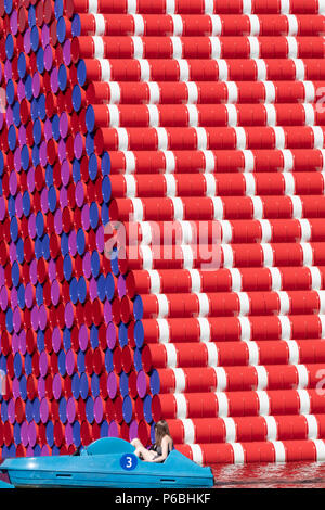 The London Mastaba is a floating art installation by the artist Christo located on the Serpentine Lake in Hyde Park. Stock Photo
