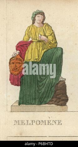 Melpomene, Greek muse of tragedy, with wreath, club and tragic mask. Handcoloured copperplate engraving engraved by Jacques Louis Constant Lacerf after illustrations by Leonard Defraine from 'La Mythologie en Estampes' (Mythology in Prints, or Figures of Fabled Gods), Chez P. Blanchard, Paris, c.1820. Stock Photo