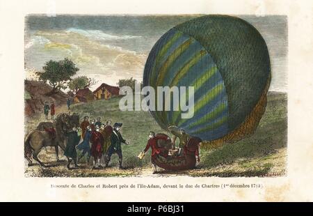 First manned hydrogen balloon flight of two hours and five minutes by Nicolas-Louis Robert and Professor Jacques Charles. The balloon descended in front of the Duc de Chartres, December 1st 1783. Handcolored engraving by J.J. Ettling and P. Sellier from Sircos and Pallier's 'Histoire des Ballons,' Roy, Paris, 1870. Stock Photo