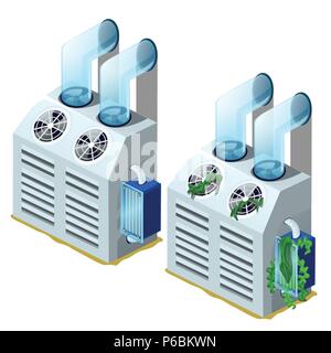 New and clogged with algae, distiller and water purifier isolated on white background. Industrial equipment. Vector illustration. Stock Vector
