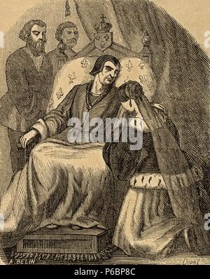 Louis XI (1423-1483). King of France. Death of Louis XI. Engraving by Dupre. Universal Library. Popular editions. 1851. Stock Photo