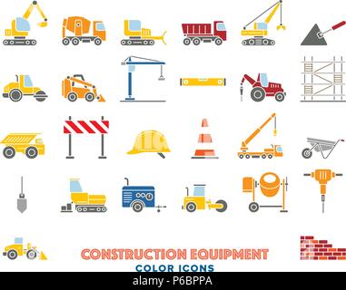 Collection of colored construction equipment vector icons on white background Stock Vector